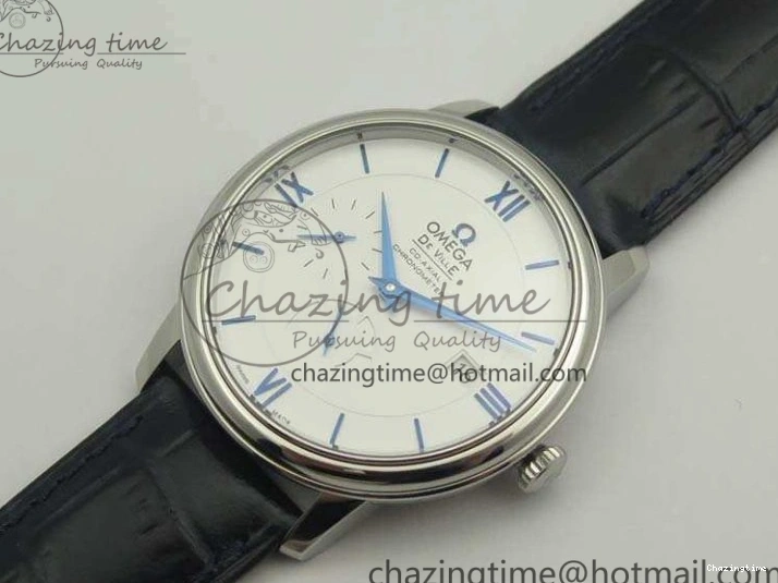0218 Fashionable De Ville Prestige Real Power Reserve SS TW 1:1 Best Edition White Dial Blue Markers On Leather Strap A 8094